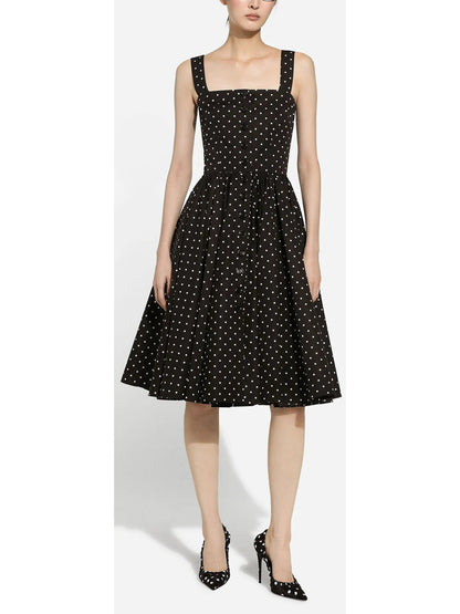 Black and White Calf-Length Cotton Poplin Dress with Polka-Dot Print - Dresses