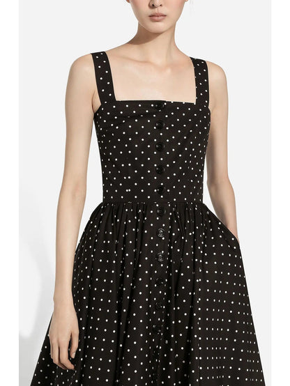 Black and White Calf-Length Cotton Poplin Dress with Polka-Dot Print - Dresses