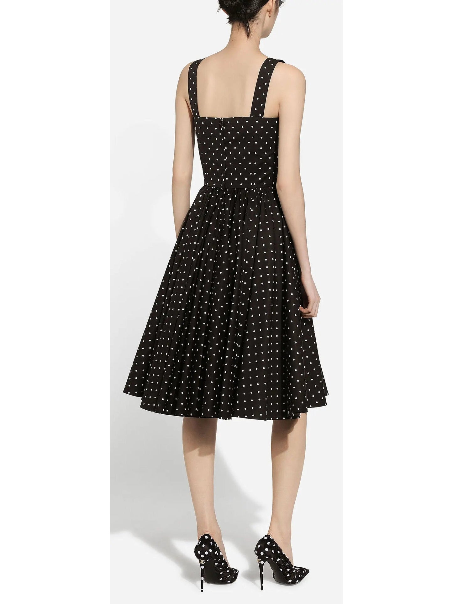 Black and White Calf-Length Cotton Poplin Dress with Polka-Dot Print - Dresses