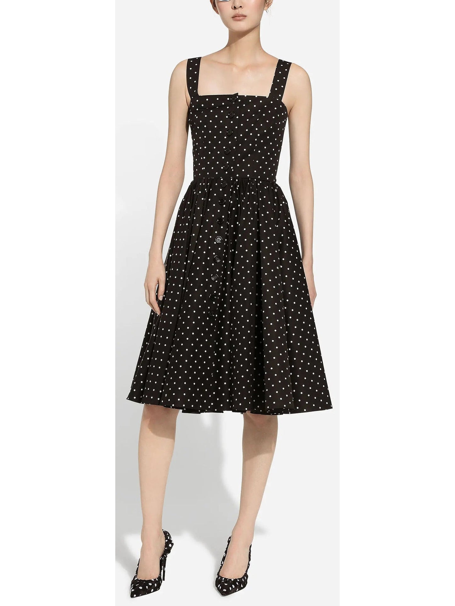 Black and White Calf-Length Cotton Poplin Dress with Polka-Dot Print - Dresses