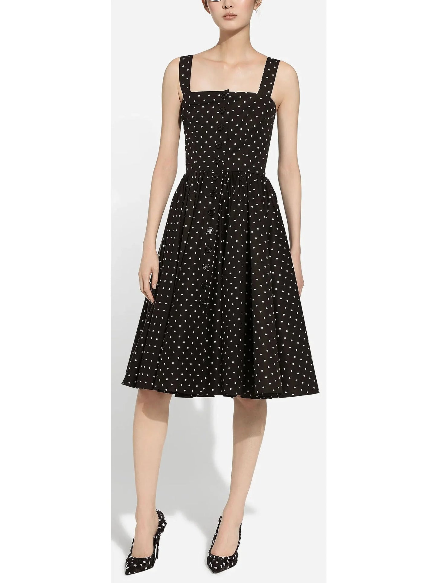Black and White Polka Dot Cotton Dress Calf Length