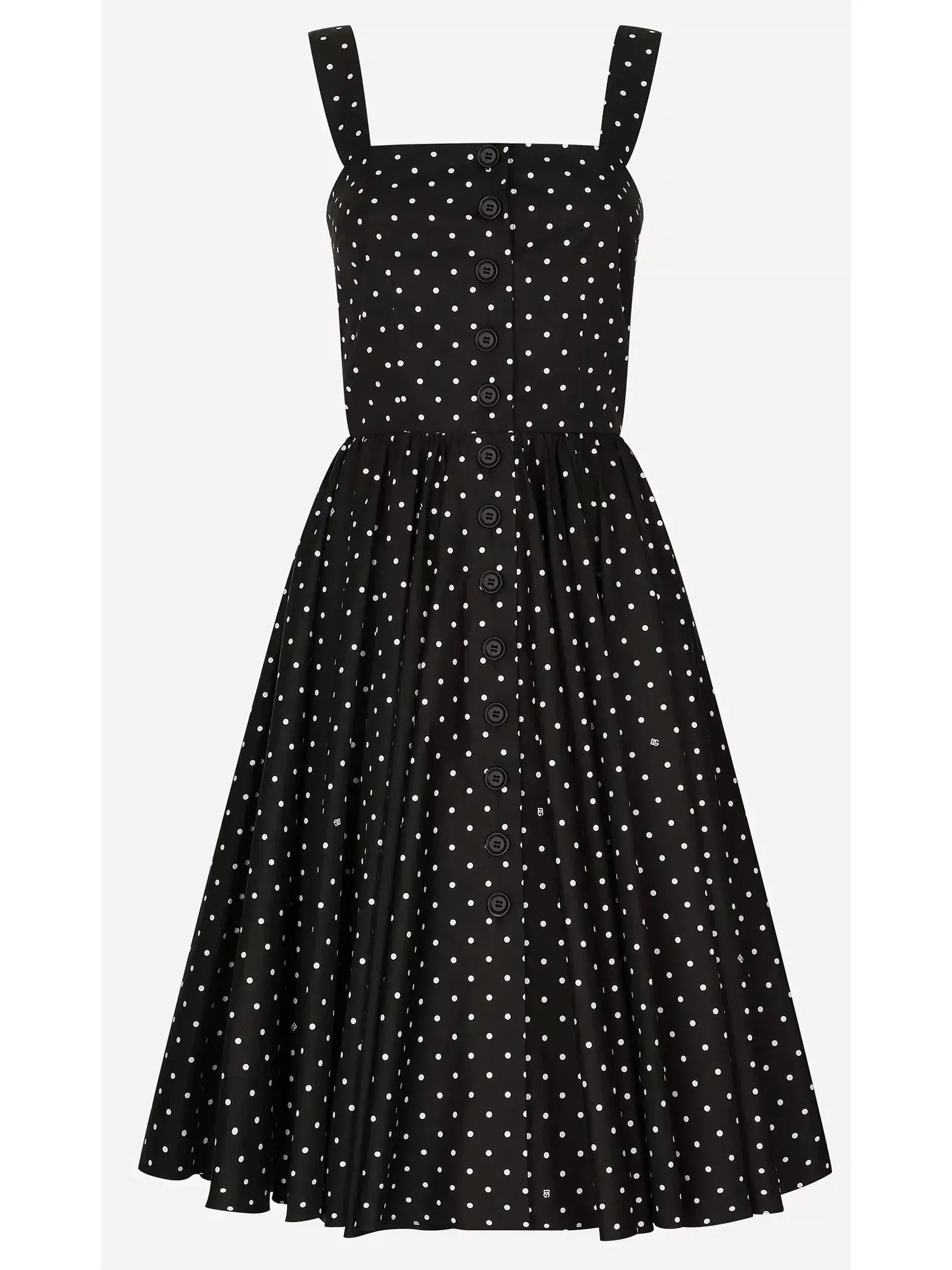 Black and White Calf-Length Cotton Poplin Dress with Polka-Dot Print - Dresses