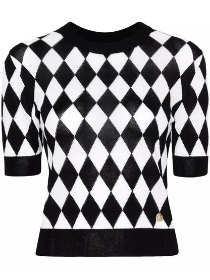 Black and White Diamond Intarsia Knit Top - Tops