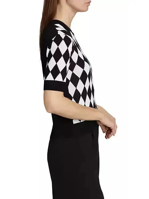 Black and White Diamond Intarsia Knit Top - Tops