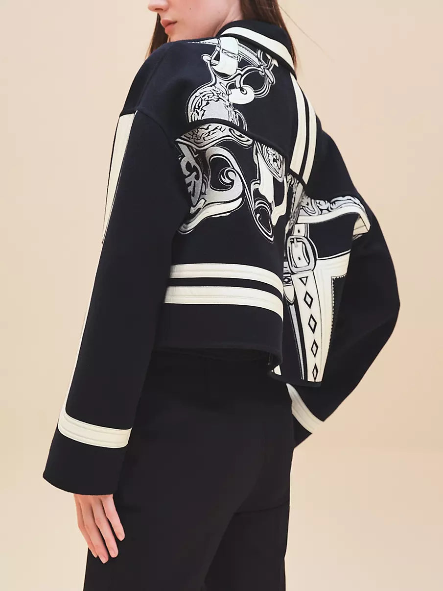 Black and White Embroidered Cropped Zip-Front Cashmere Jacket - Jackets