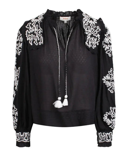 Black and White Floral-Embroidered Cotton Blouse - Tops