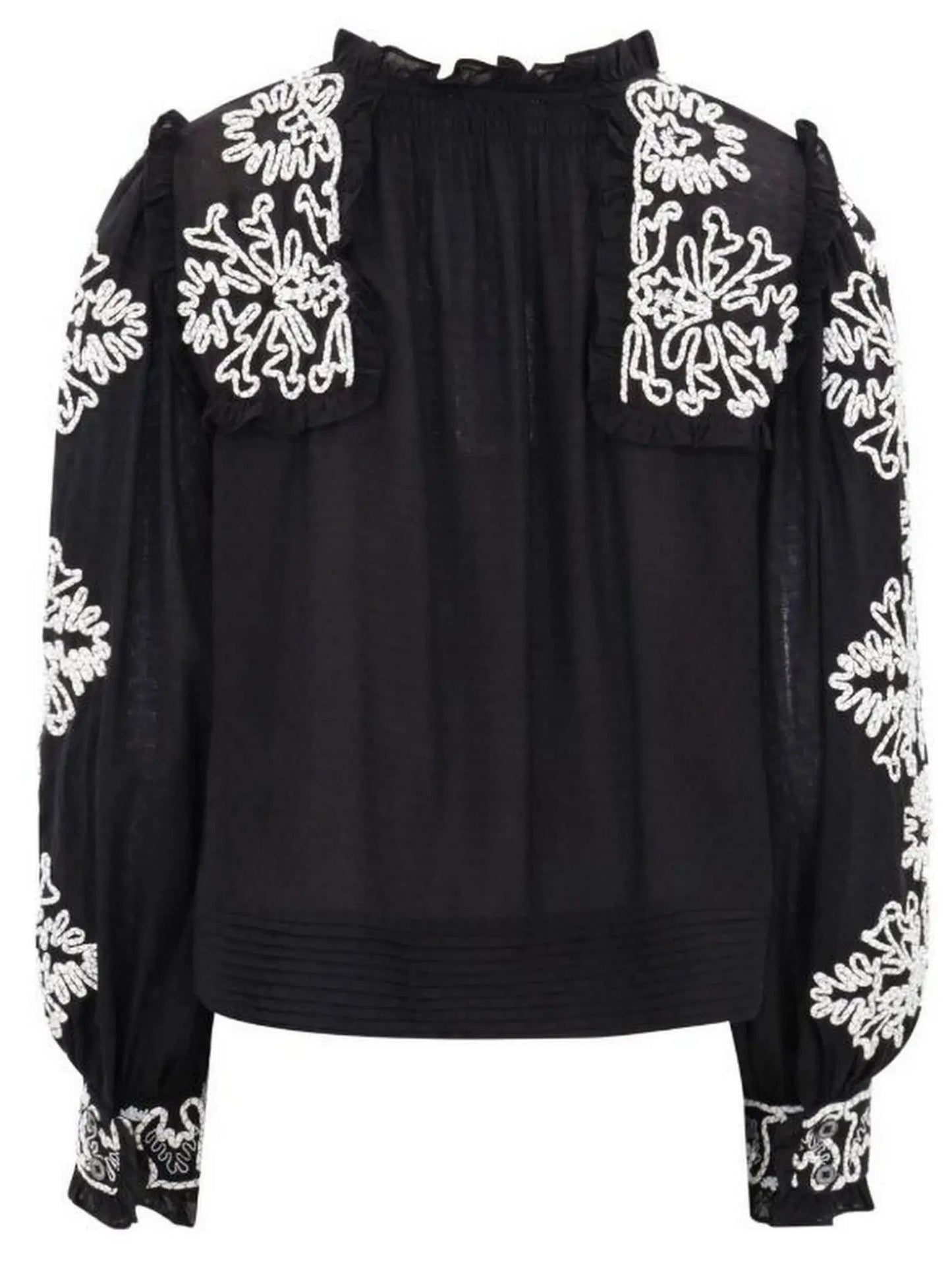 Black and White Floral-Embroidered Cotton Blouse - Tops