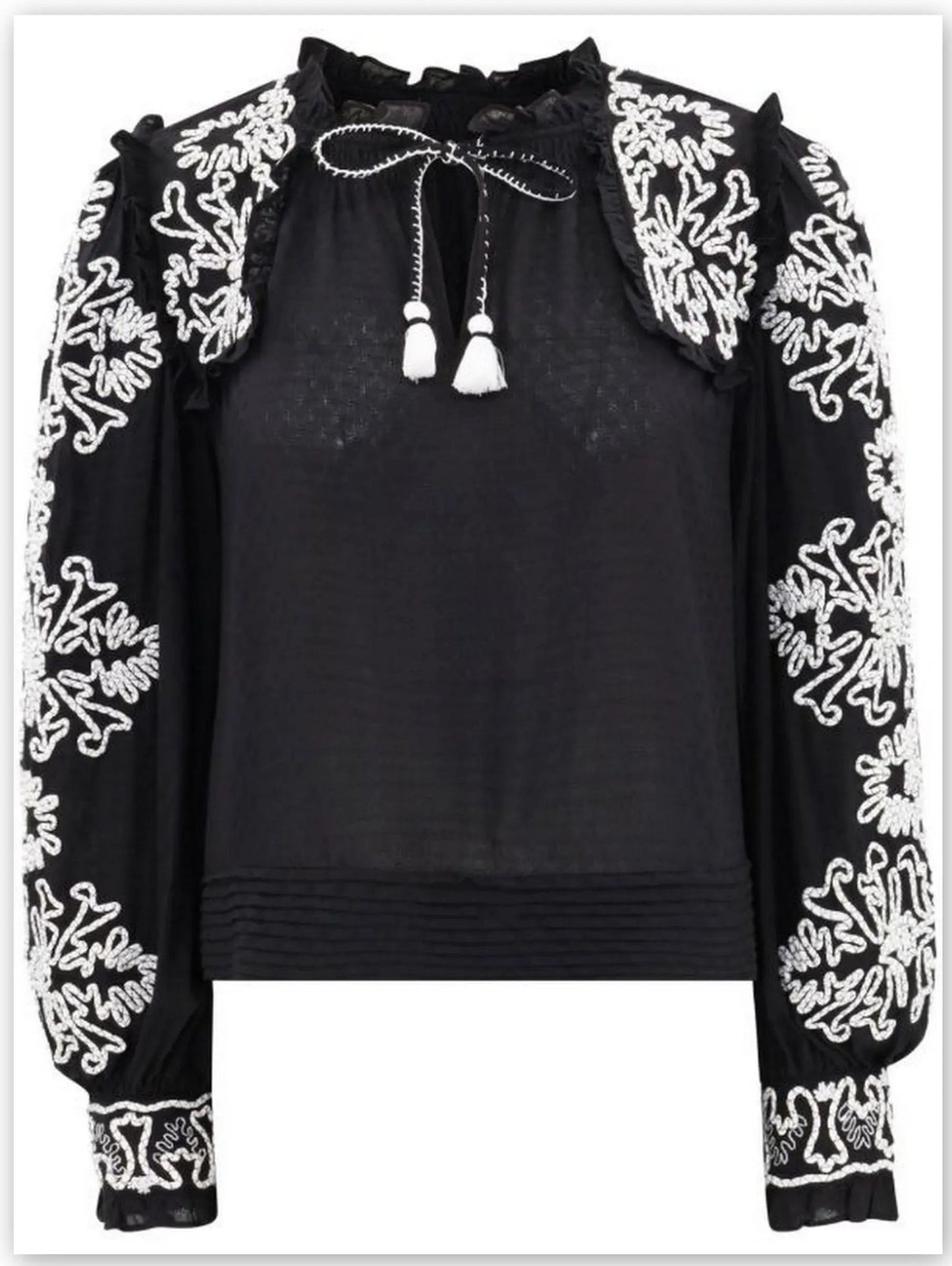 Black and White Floral-Embroidered Cotton Blouse - Tops