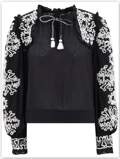 Black and White Floral-Embroidered Cotton Blouse - Tops