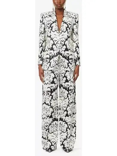 Black and White Floral-Print Single-Breasted Woven Blazer and Pant Suit - Suits & Sets