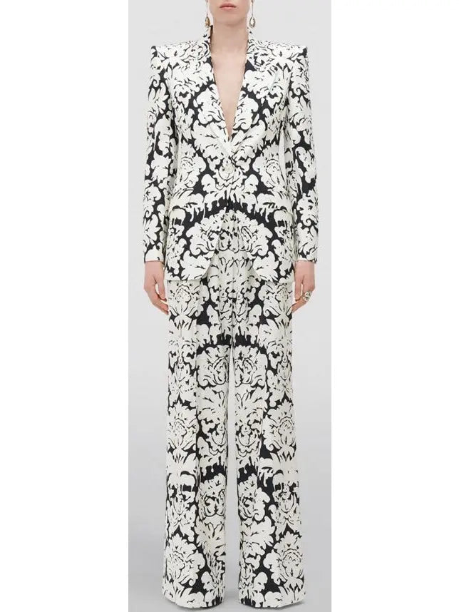 Black and White Floral-Print Single-Breasted Woven Blazer and Pant Suit - Suits & Sets