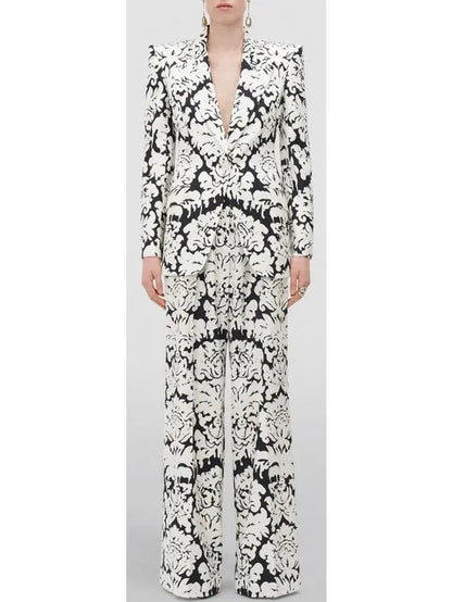 Black and White Floral-Print Single-Breasted Woven Blazer and Pant Suit - Suits & Sets