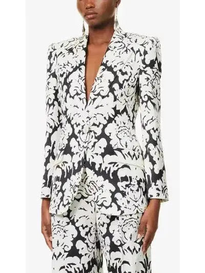 Black and White Floral-Print Single-Breasted Woven Blazer and Pant Suit - Suits & Sets