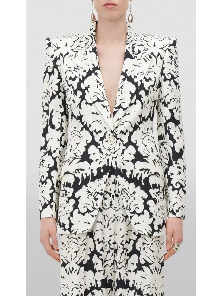 Black and White Floral-Print Single-Breasted Woven Blazer and Pant Suit - Suits & Sets