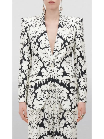 Black and White Floral-Print Single-Breasted Woven Blazer and Pant Suit - Suits & Sets