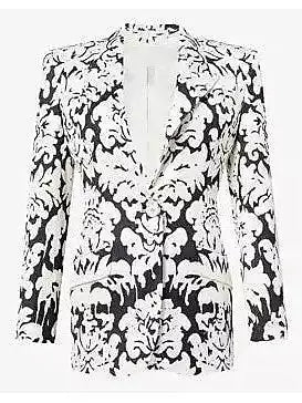 Black and White Floral-Print Single-Breasted Woven Blazer and Pant Suit - Suits & Sets