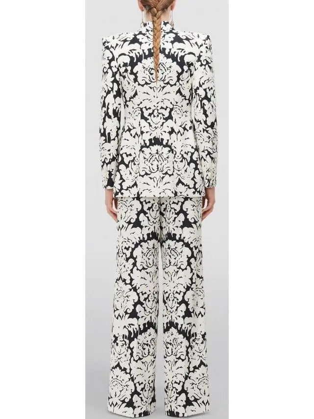 Black and White Floral-Print Single-Breasted Woven Blazer and Pant Suit - Suits & Sets