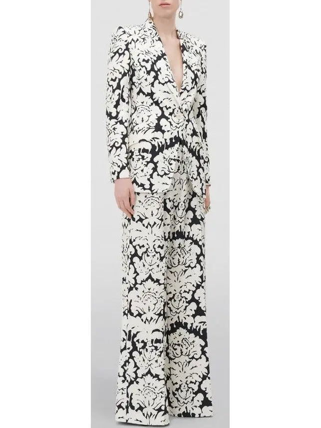 Black and White Floral-Print Single-Breasted Woven Blazer and Pant Suit - Suits & Sets