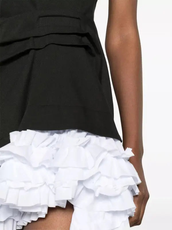 Black and White Gathered Ruffled Cotton-Twill Mini Dress - Dresses