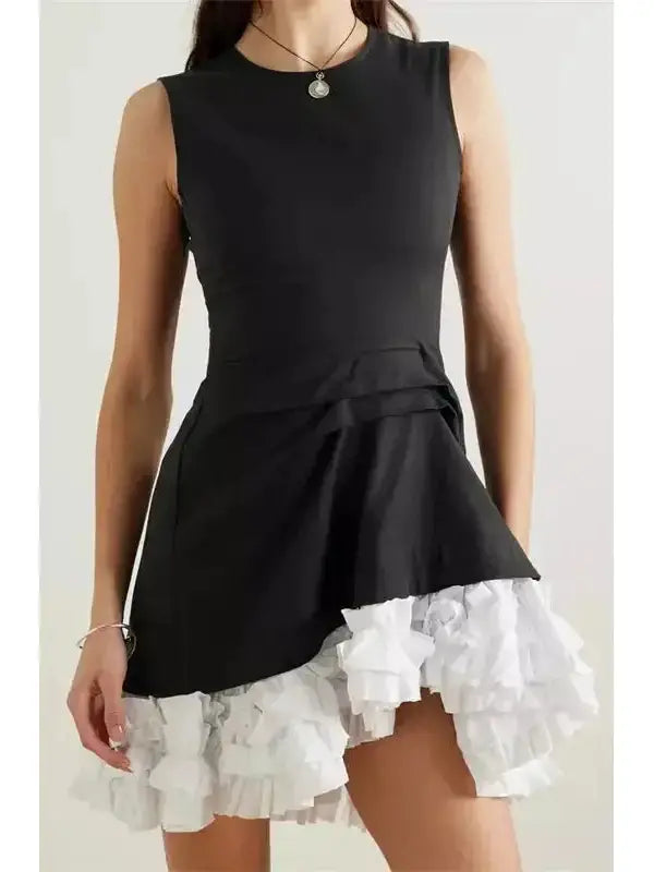 Black and White Gathered Ruffled Cotton-Twill Mini Dress - Dresses