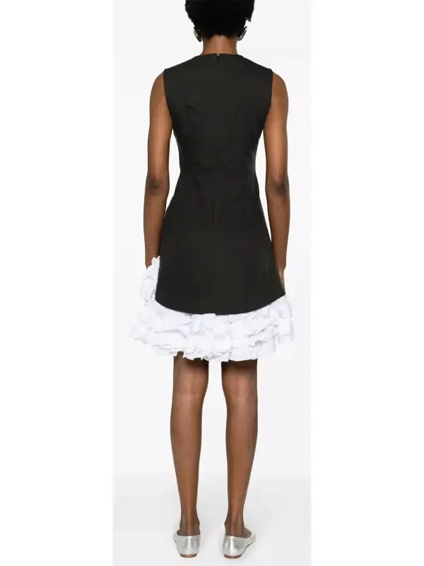 Black and White Gathered Ruffled Cotton-Twill Mini Dress - Dresses