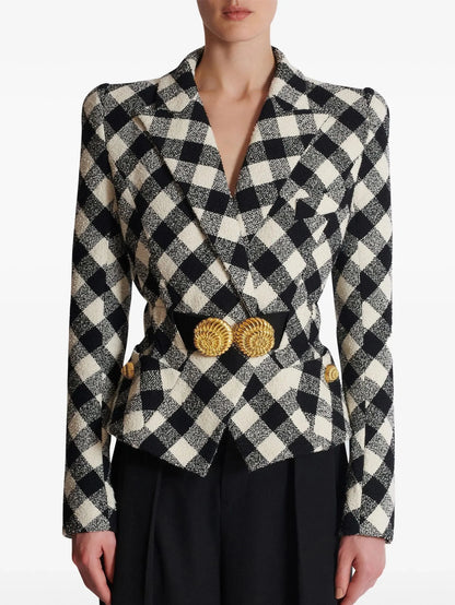 Black and White Gingham Jacket with Spiral Button Belt - S - Jackets
