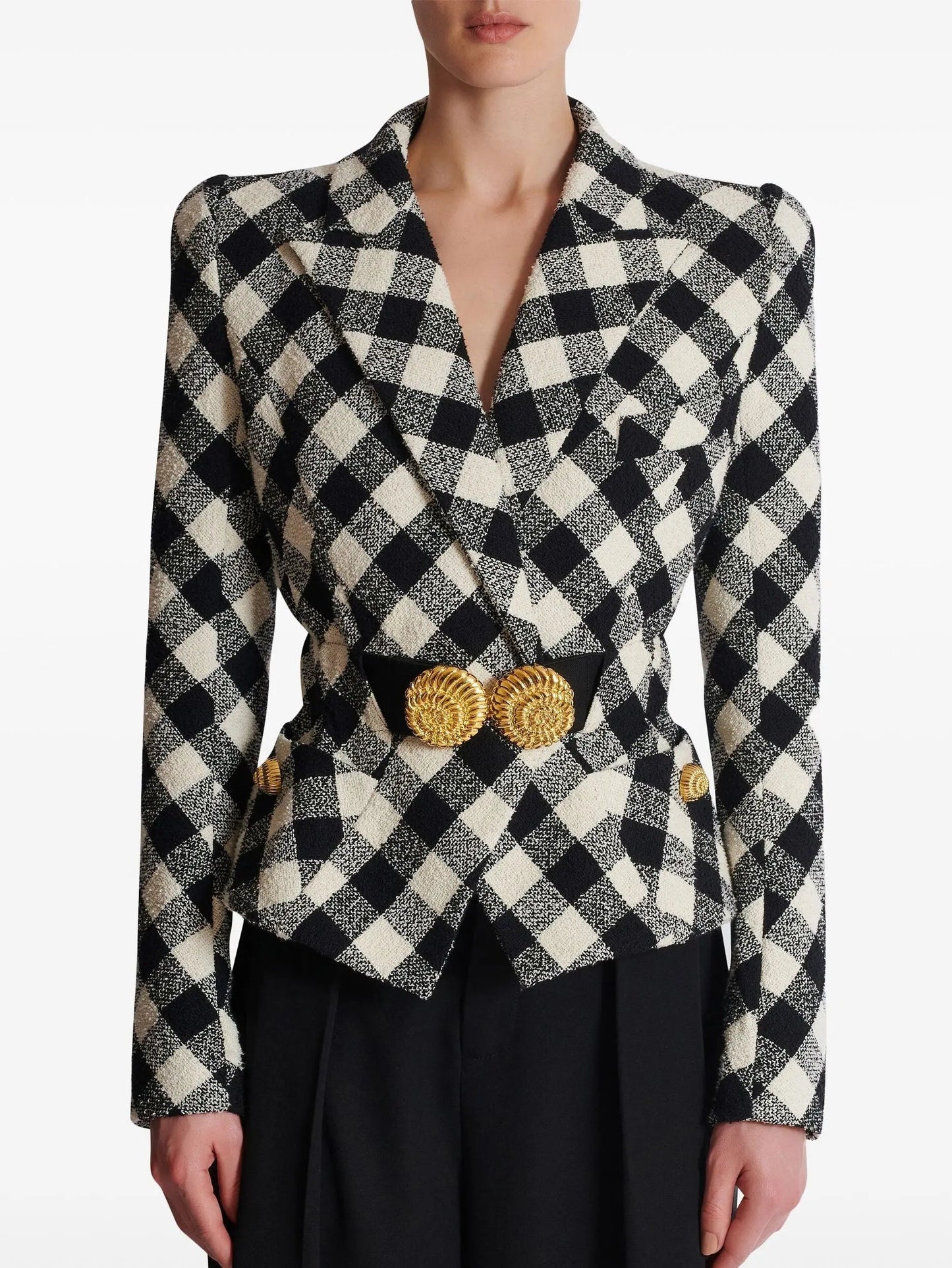 Black and White Gingham Tweed Jacket with Spiral Button Belt - Jackets