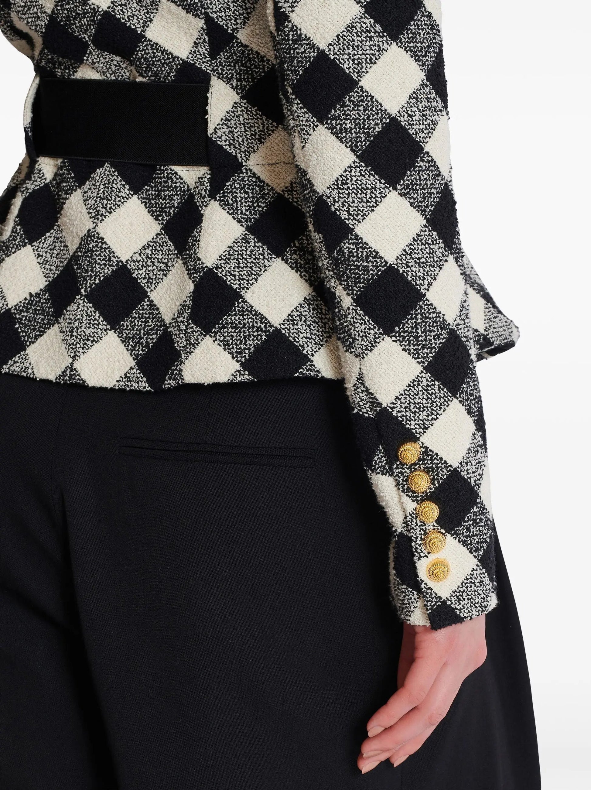 Black and White Gingham Tweed Jacket with Spiral Button Belt - Jackets