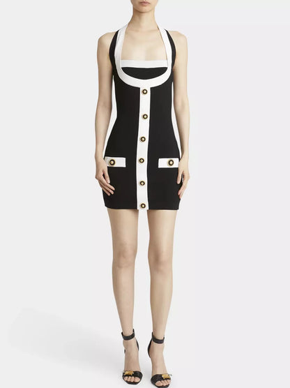 Black and white halter-neck button-detailed mini dress with gold buttons