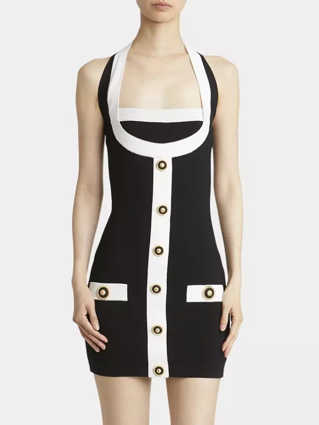 Black and white halter-neck button-detailed mini dress with gold buttons