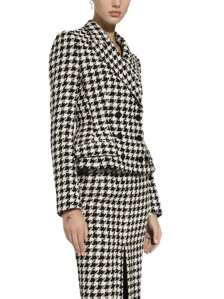 Black and White Houndstooth Double-Breasted Blazer Jacket - Jackets