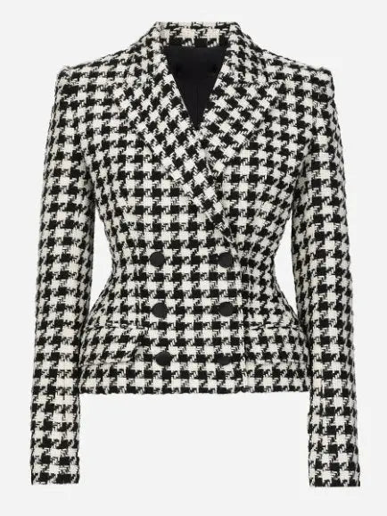 Black and White Houndstooth Double-Breasted Blazer Jacket - Jackets