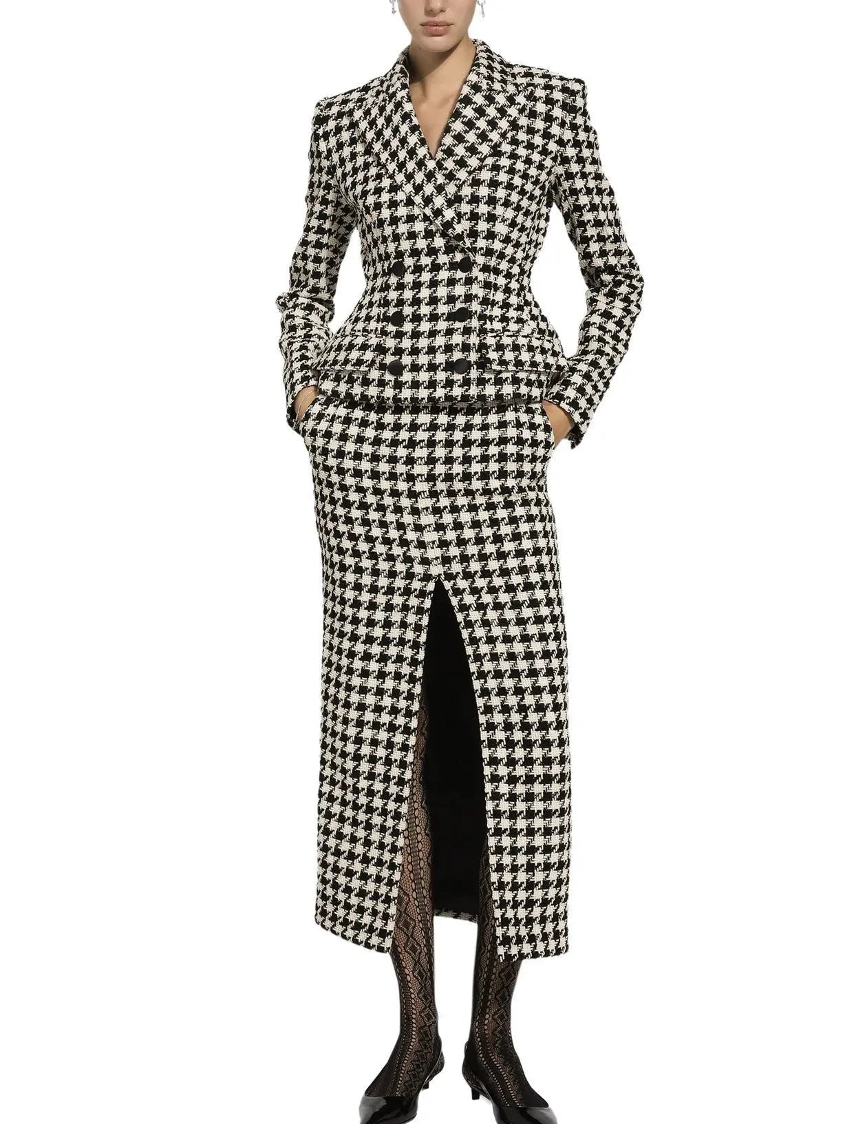 Black and White Houndstooth Double-Breasted Blazer Jacket - Jackets