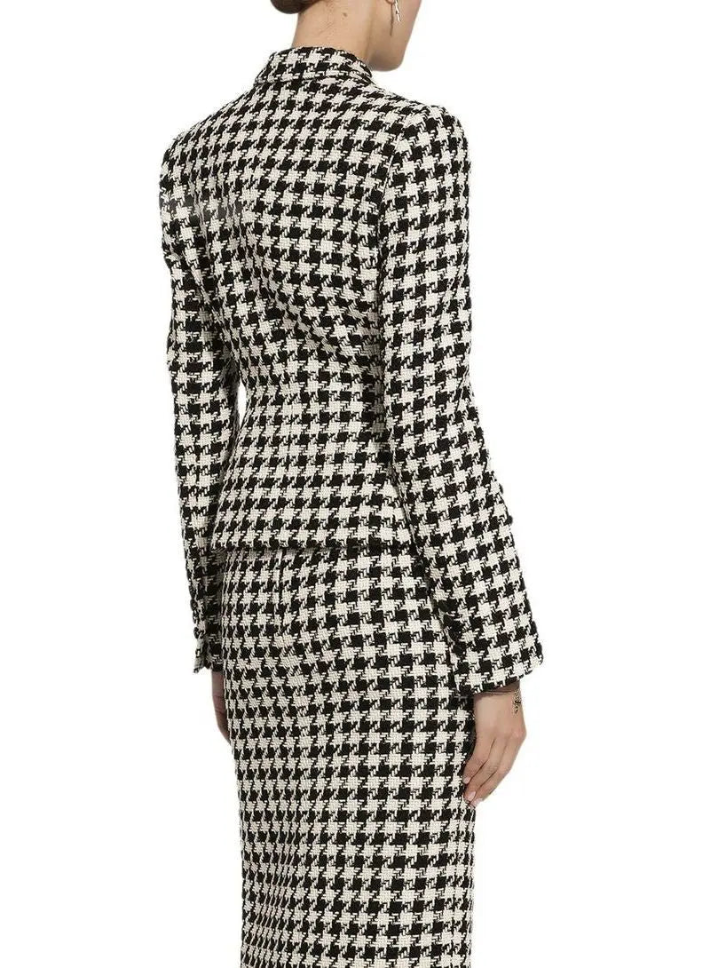 Black and White Houndstooth Double-Breasted Blazer Jacket - Jackets