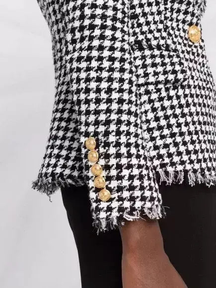 Black and White Houndstooth Double-Breasted Frayed Jacket - Jackets