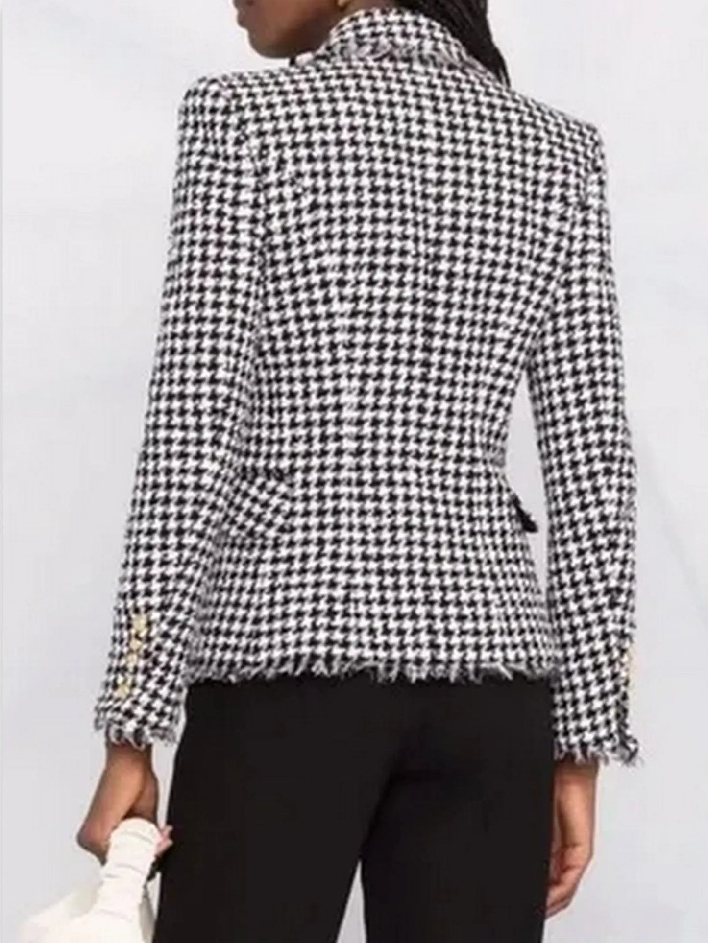 Black and White Houndstooth Double-Breasted Frayed Jacket - Jackets