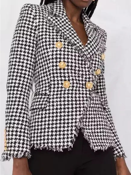 Black and White Houndstooth Double-Breasted Frayed Jacket - Jackets