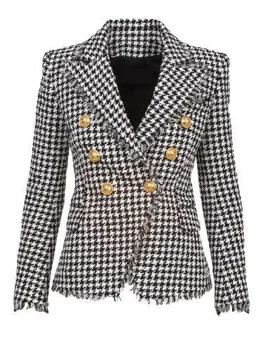 Black and White Houndstooth Double-Breasted Frayed Jacket - Jackets