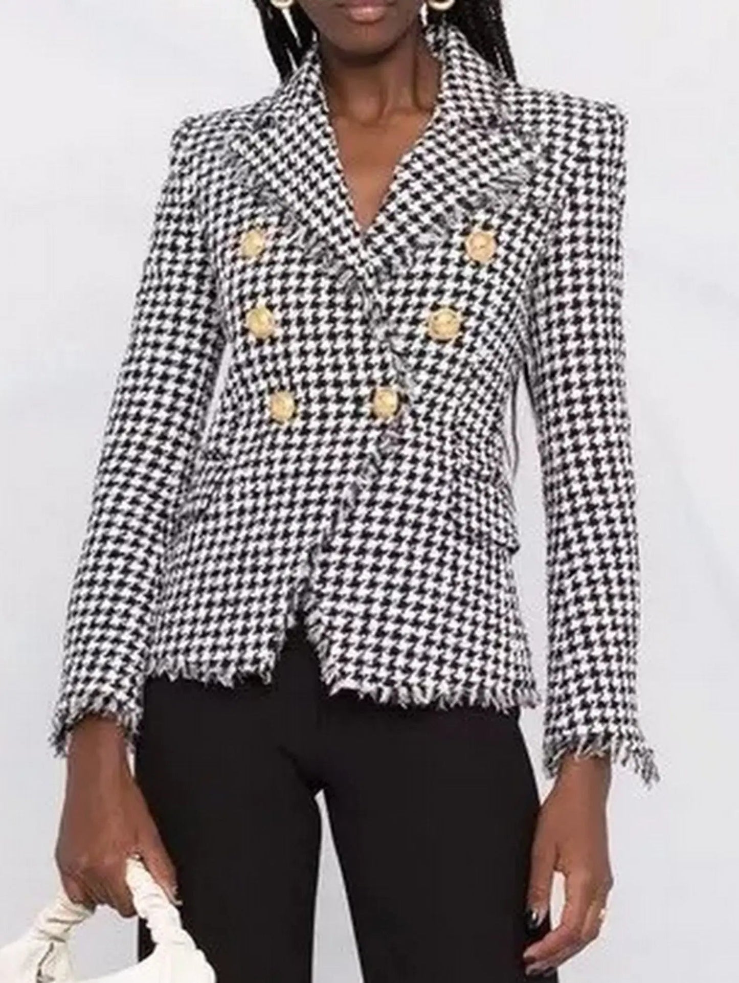 Black and White Houndstooth Double-Breasted Frayed Jacket - Jackets