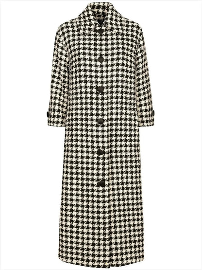 Black and White Houndstooth Single-Breasted Coat - Coats