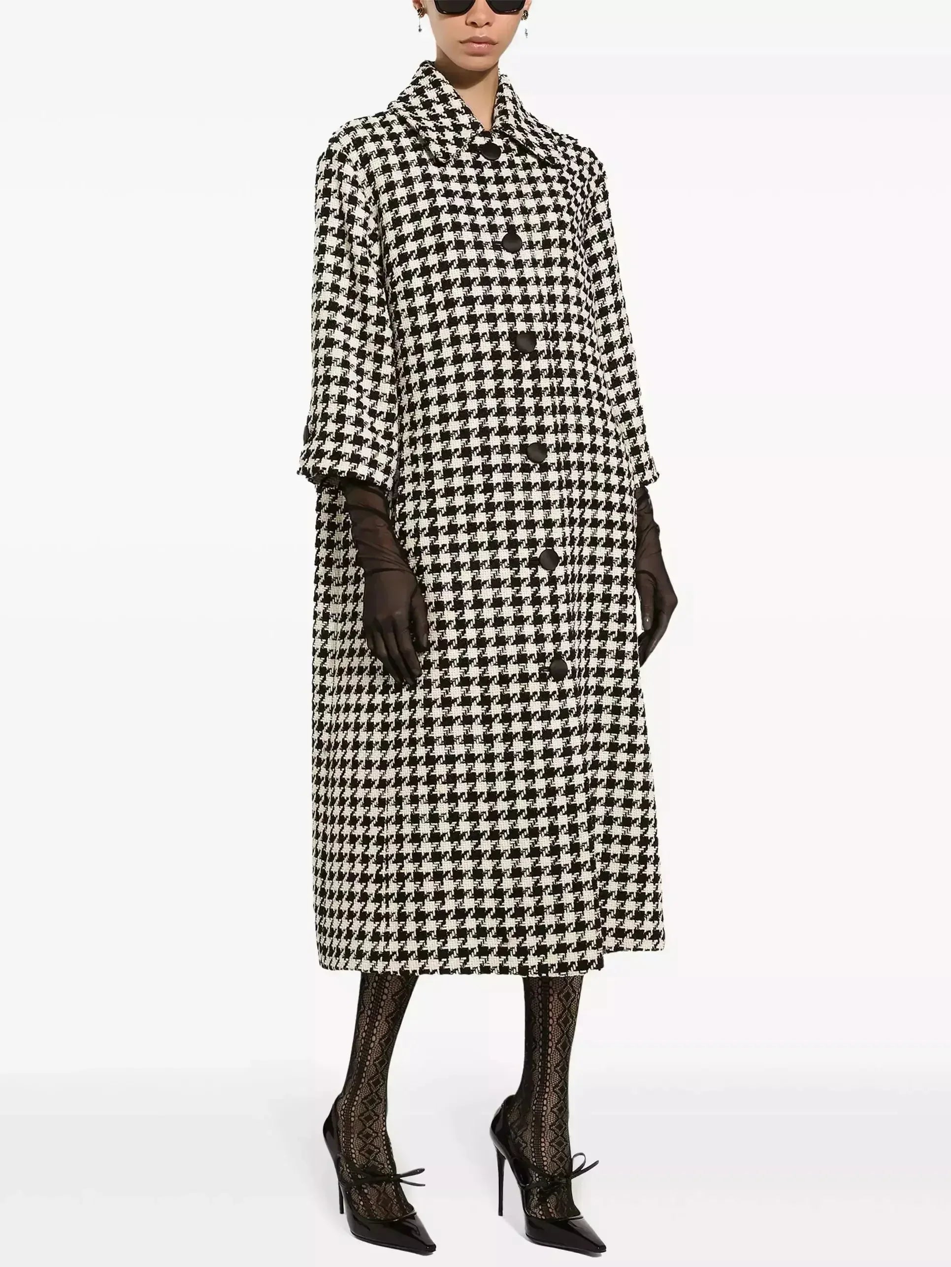 Black and White Houndstooth Single-Breasted Coat - Coats
