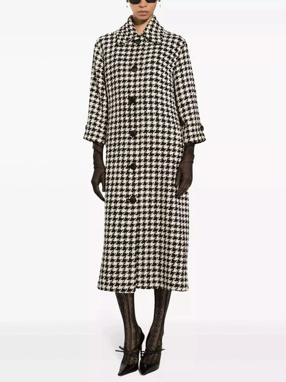 Black and White Houndstooth Single-Breasted Coat - Coats