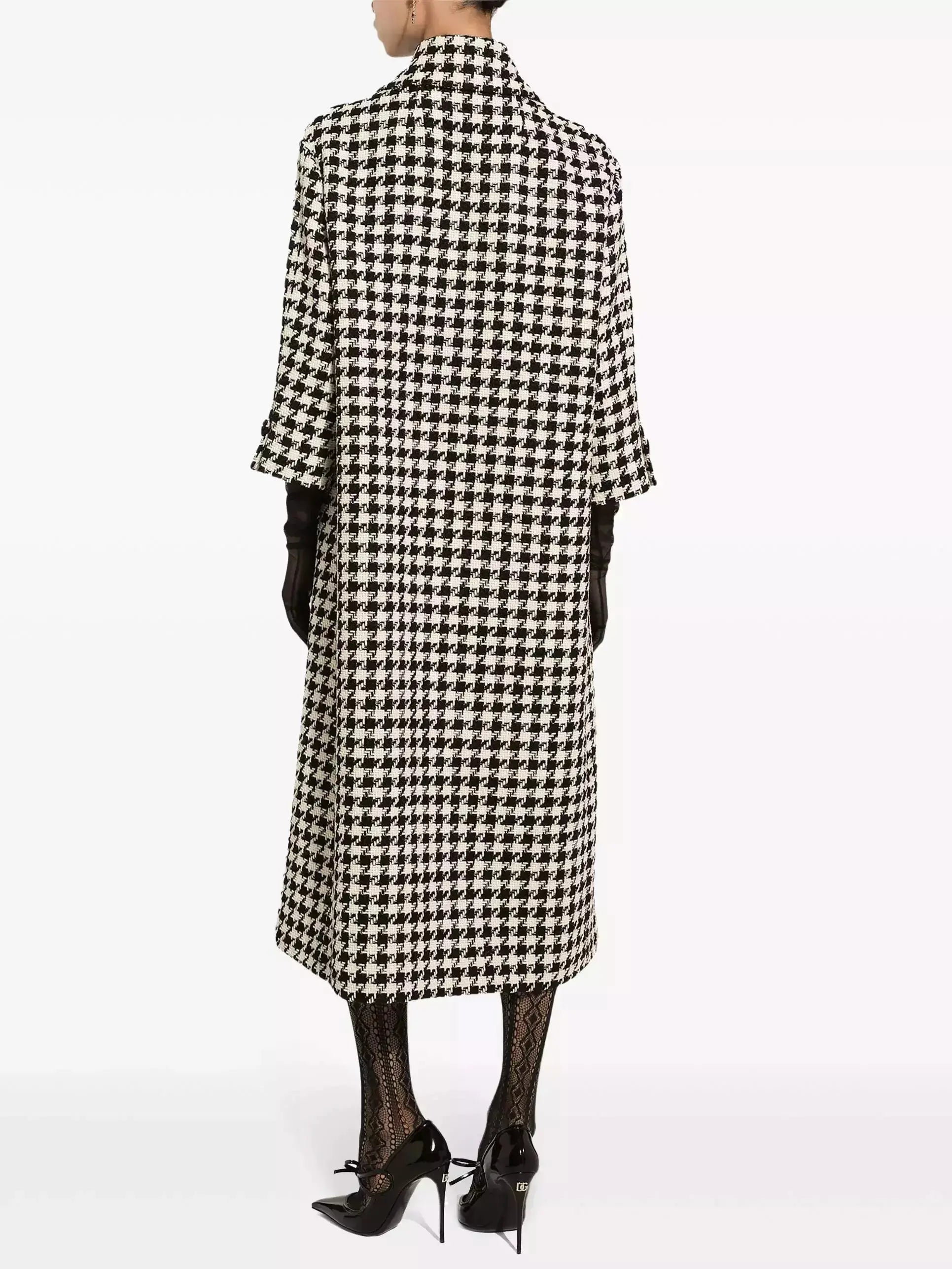 Black and White Houndstooth Single-Breasted Coat - Coats