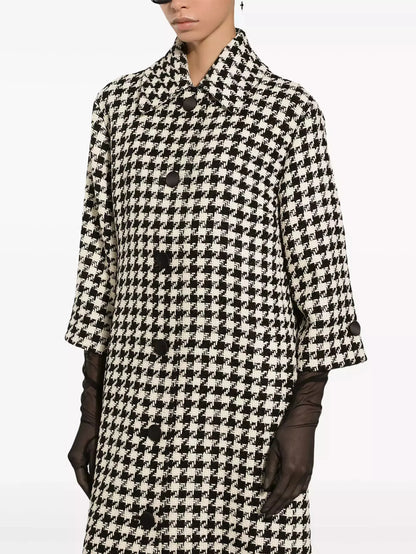 Black and White Houndstooth Single-Breasted Coat - Coats