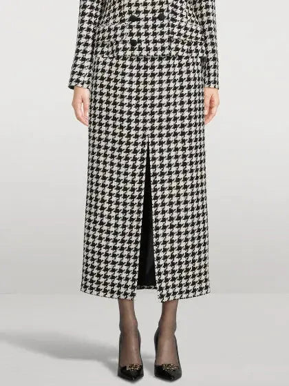 Black and White Houndstooth Split Midi Skirt - Skirts