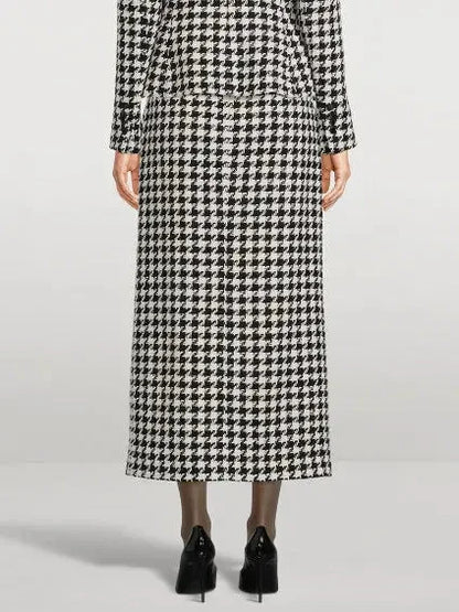 Black and White Houndstooth Split Midi Skirt - Skirts