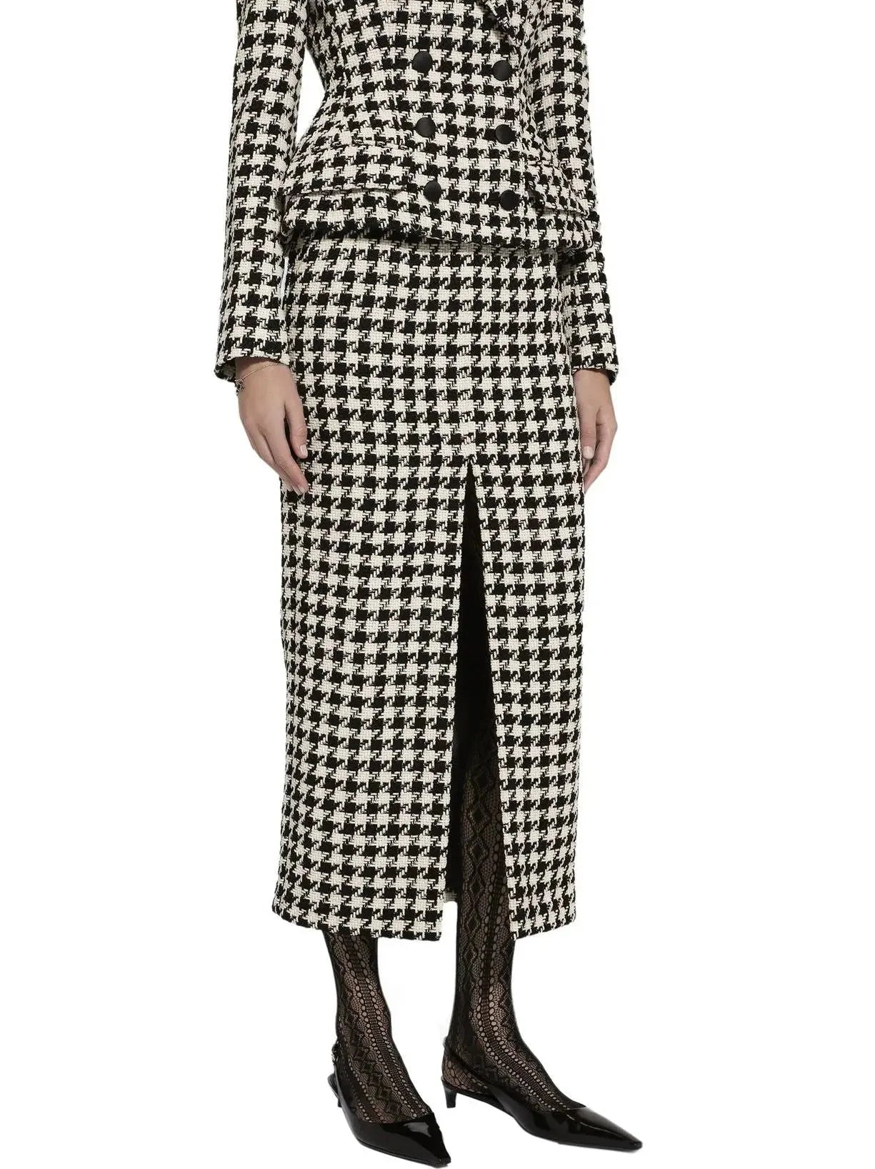 Black and White Houndstooth Split Midi Skirt - Skirts