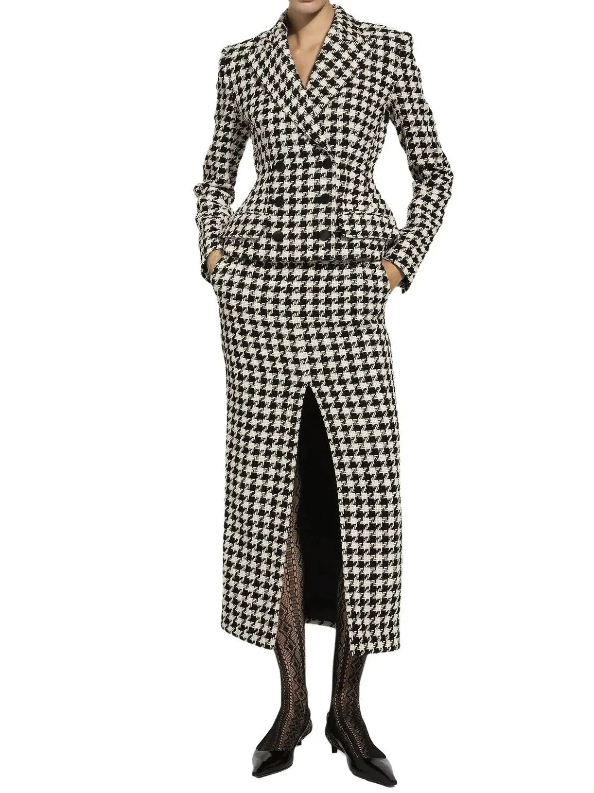 Black and White Houndstooth Split Midi Skirt - Skirts