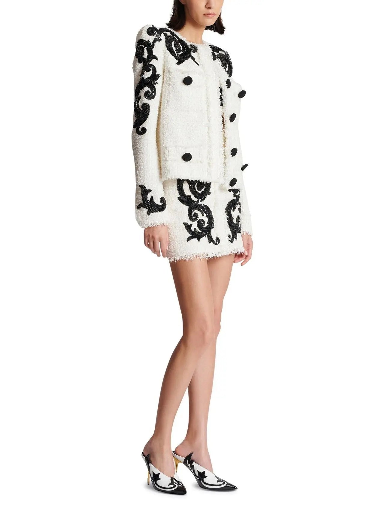 Black and White Paisley Tweed Jacket with Sequin Embroidery - Jackets