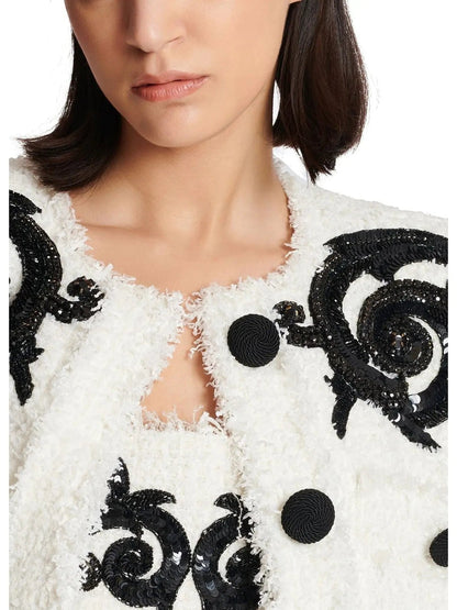 Black and White Paisley Tweed Jacket with Sequin Embroidery - Jackets